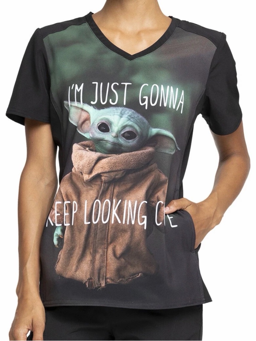 Star Wars Grogu Baby Yoda Tooniforms Scrub Top Women’s Large L Keep Looking Cute